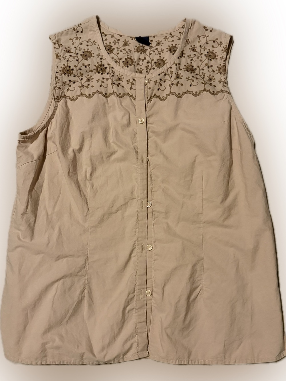 VINTAGE Sleeveless Embroidered Beige Button-Front Women's Top